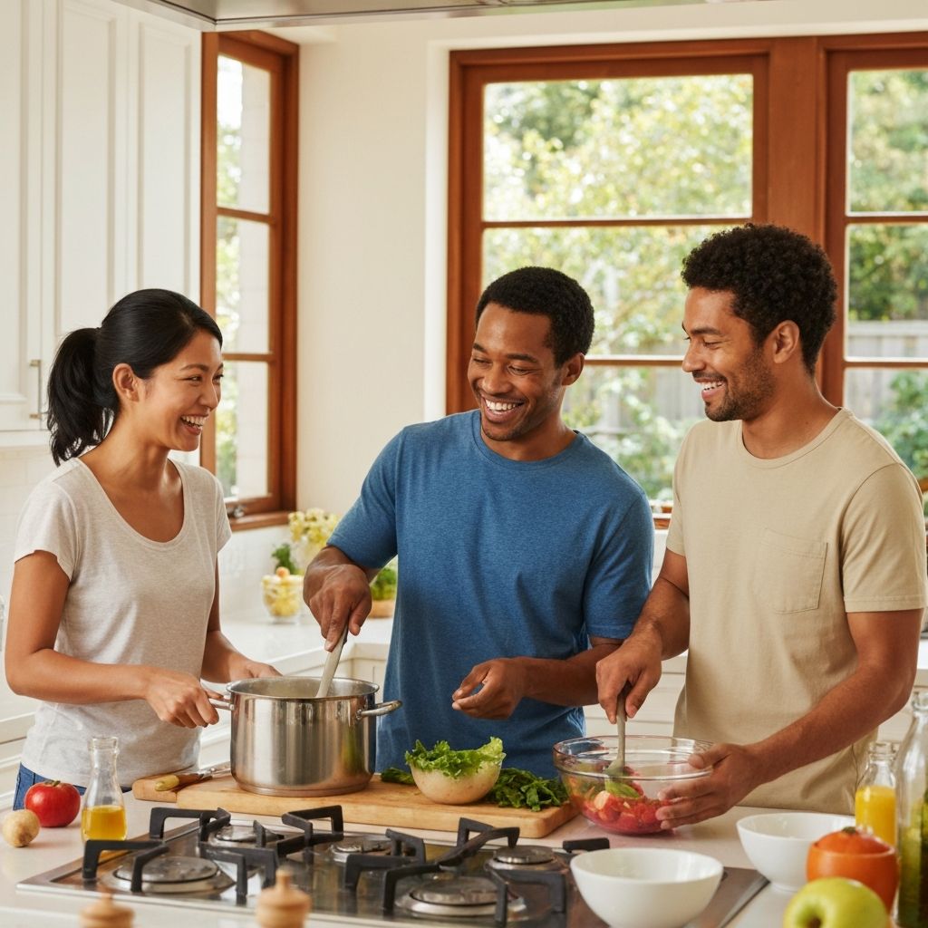 Family cooking healthy meals together with safe cookware