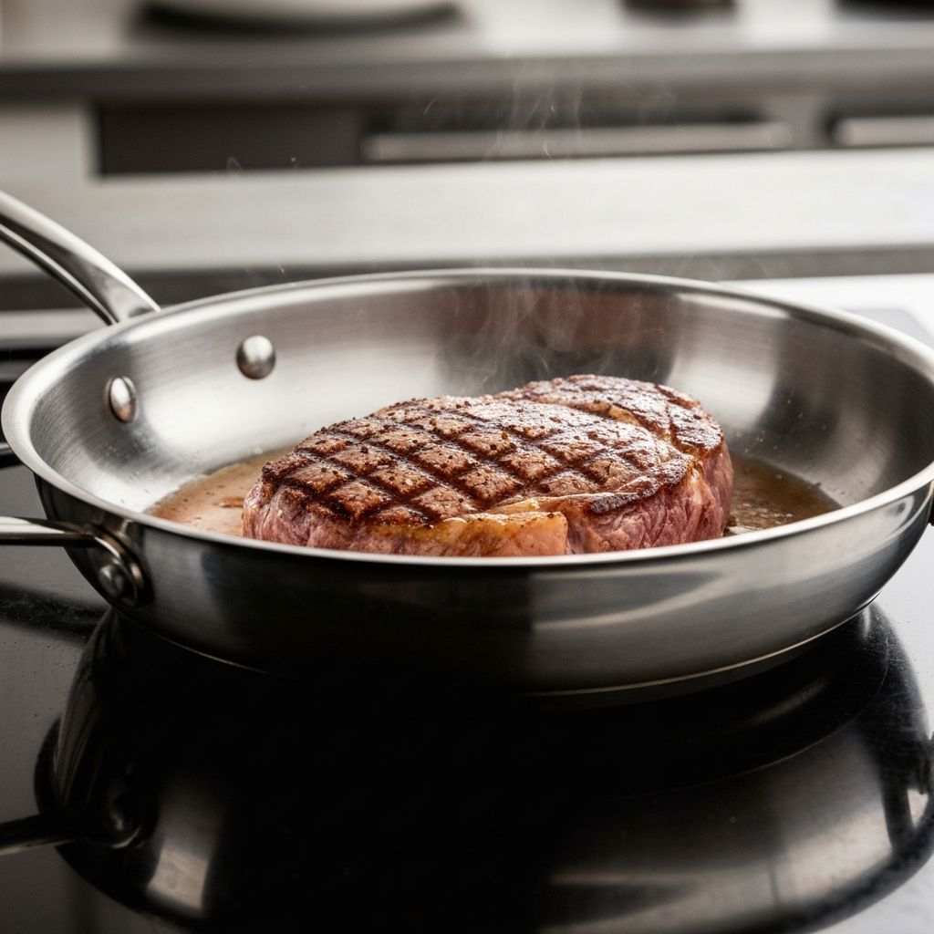 Stainless steel cookware searing meat
